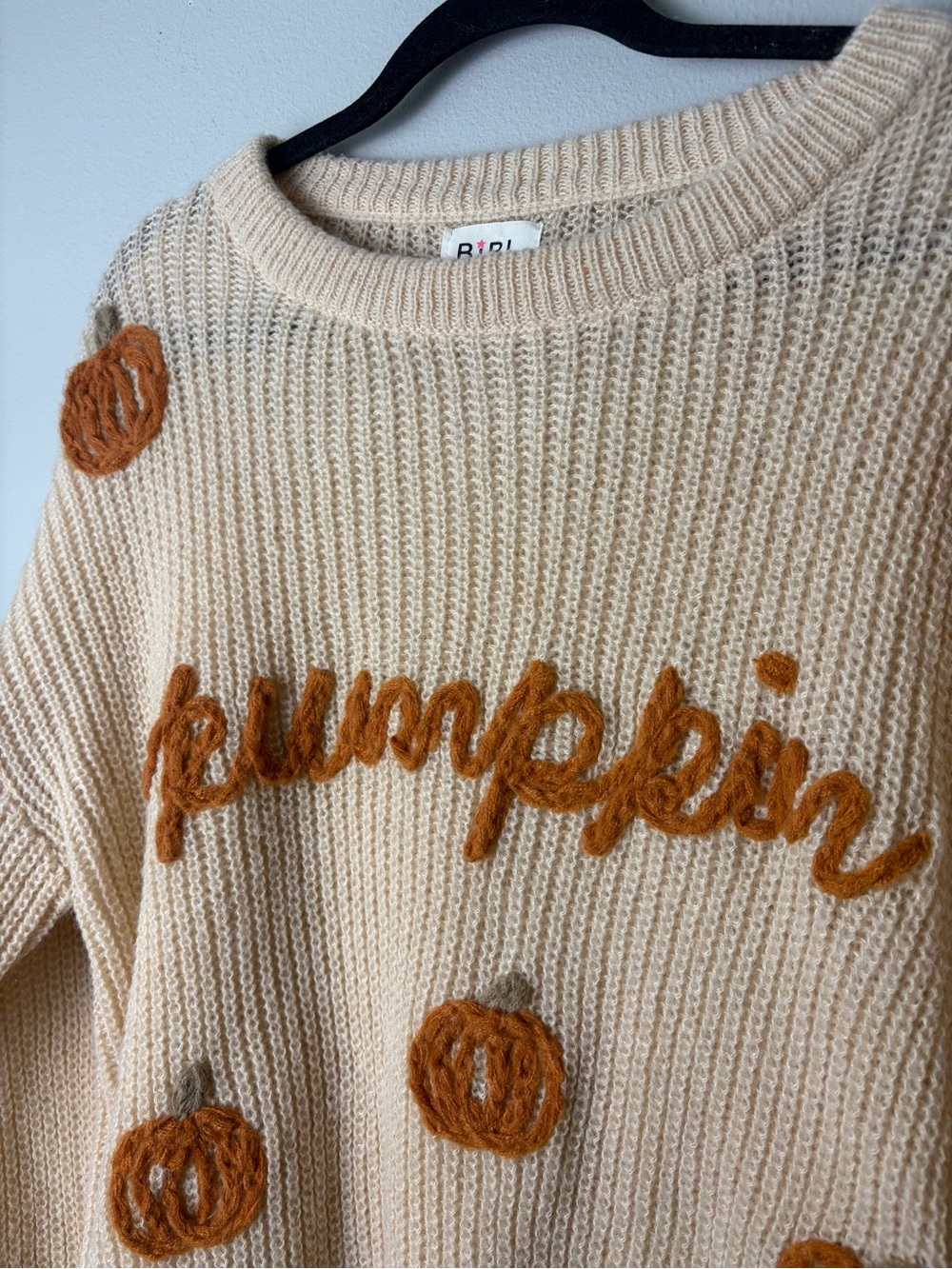 BiBi Pumpkin Crewneck Knit Cream Sweater Size M - Picture 6 of 7